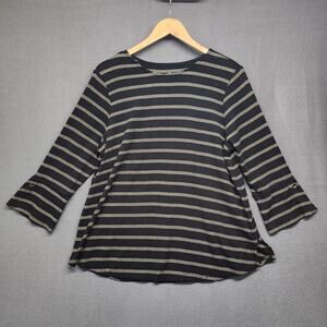 J Jill Pima Cotton Tie Sleeve Tee Womens Large Petite Black Striped *READ